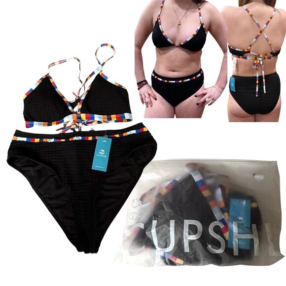 NEW Cupshe SWIMSUIT Women's MED Black Waffle Knit Bikini Bralette & Bottoms Set - Picture 1 of 13